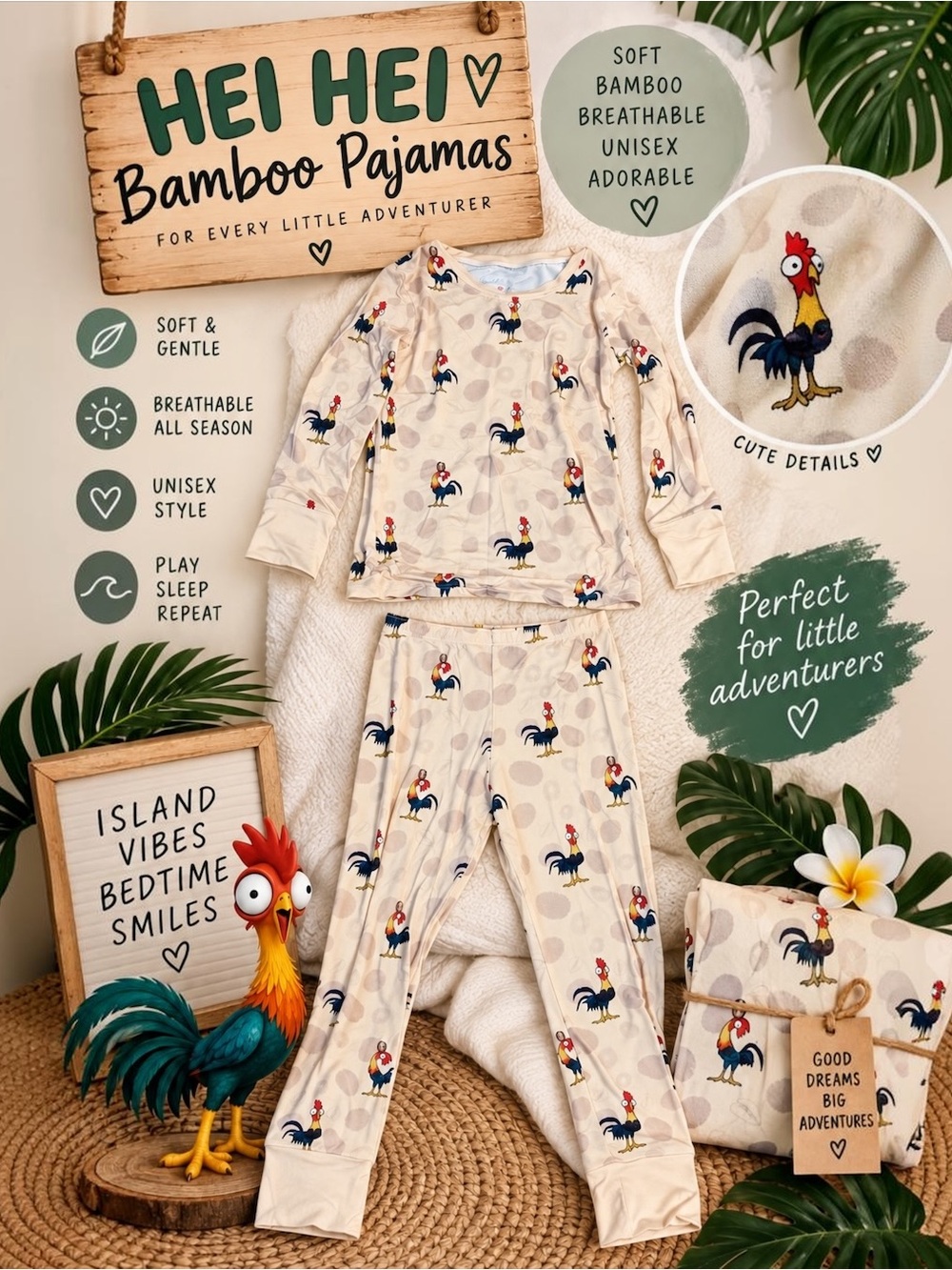 Hei Hei Kids Bamboo Pajama Set Rooster Print Unisex PJs